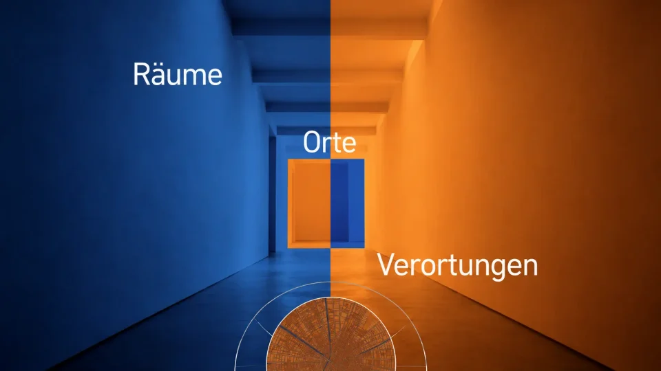 Blau-orangefarbene abstrakte Raumgrafik mit den Wörtern Räume, Orte und Verortungen