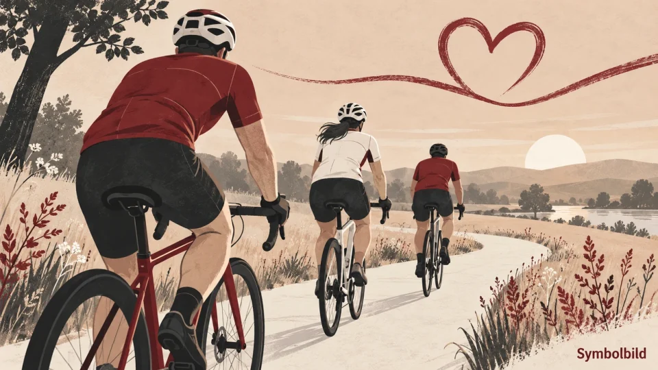 Illustration von drei Menschen mit Fahrradhelmen auf einer Radtour; darüber eine burgunderrote Linie in Herzform.