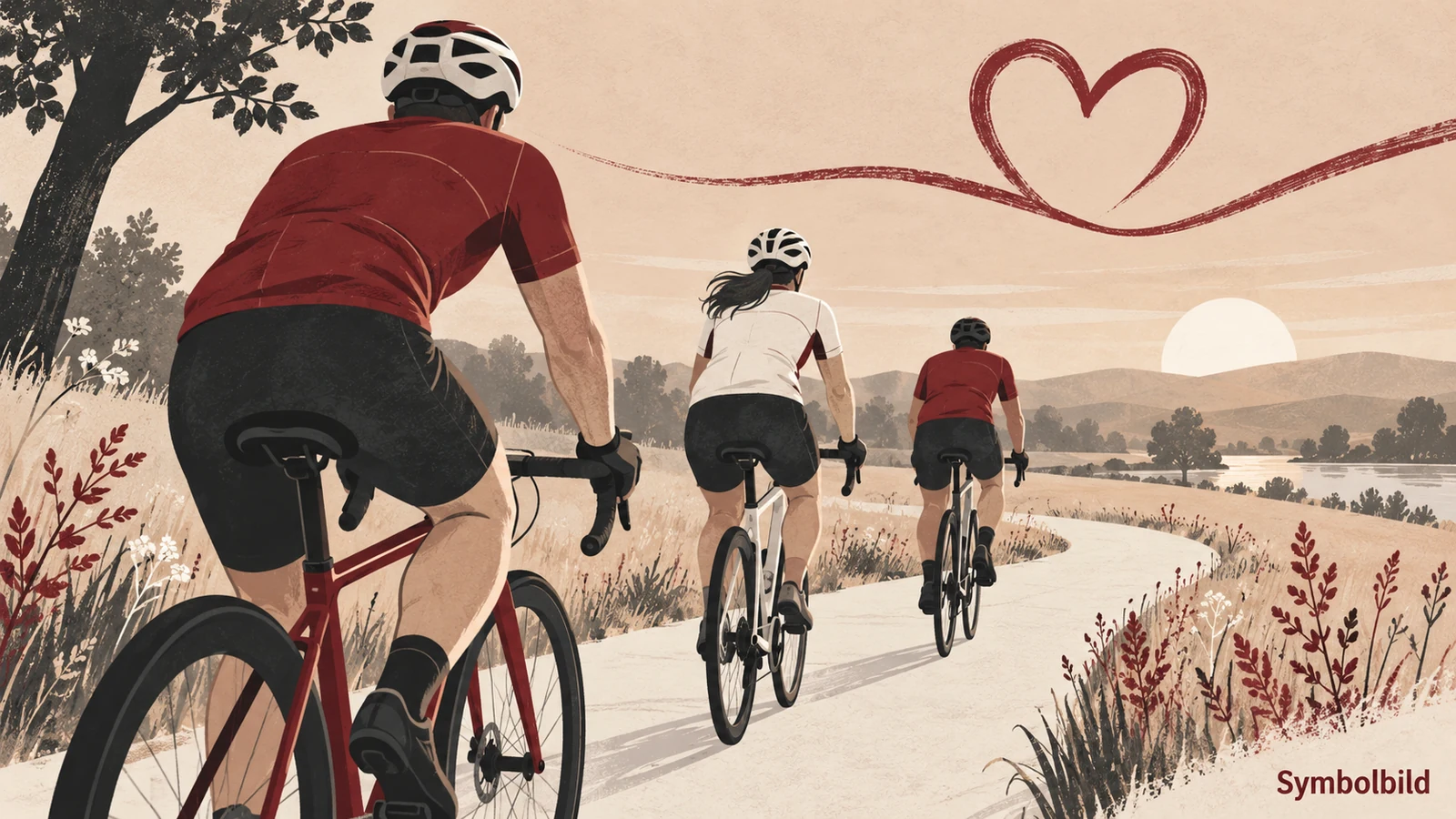 Illustration von drei Menschen mit Fahrradhelmen auf einer Radtour; darüber eine burgunderrote Linie in Herzform.