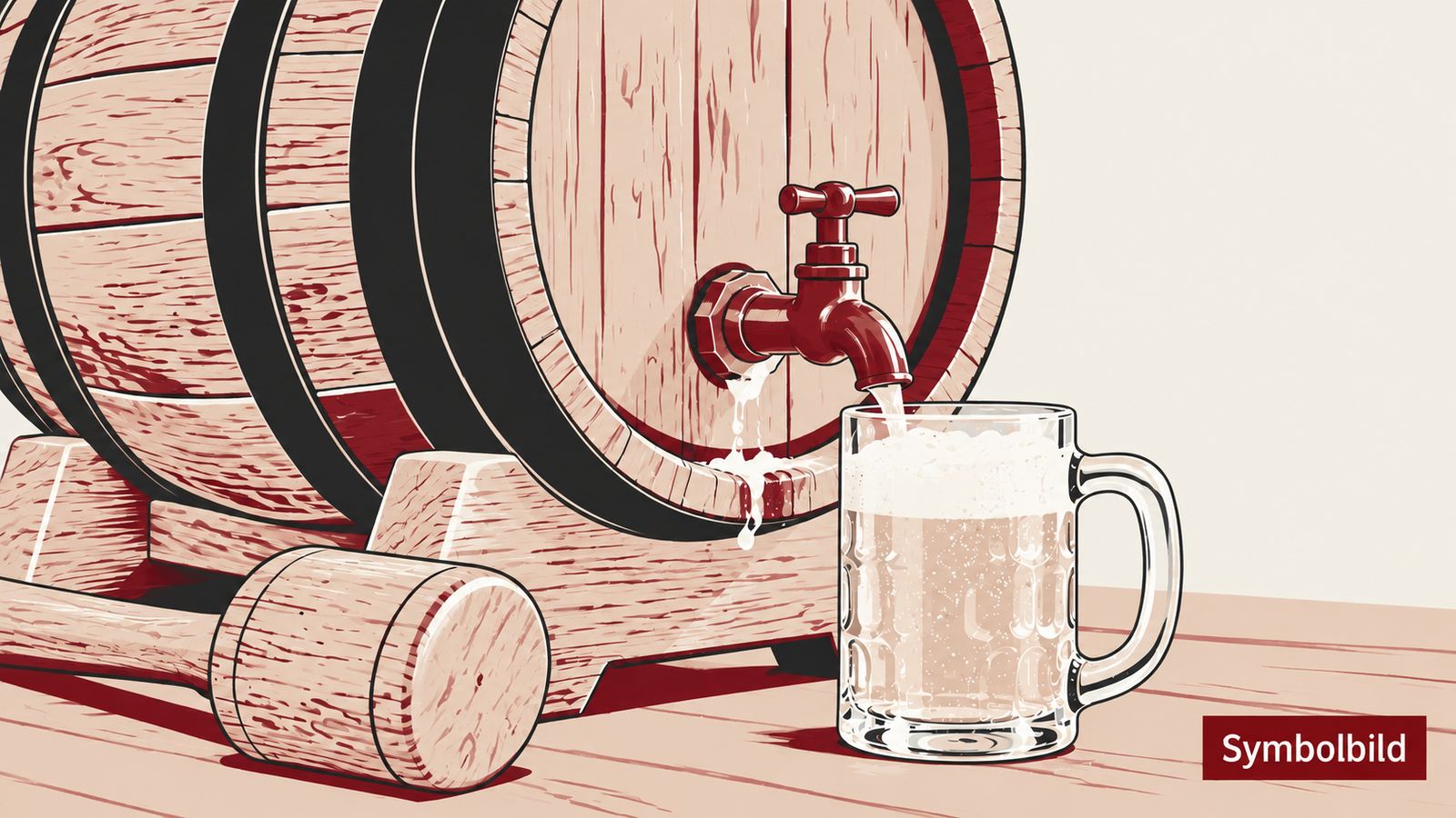 Illustration eines Bierfasses mit Zapfhahn, Holzhammer und gefülltem Glaskrug mit Henkel. Unten rechts steht „Symbolbild“.