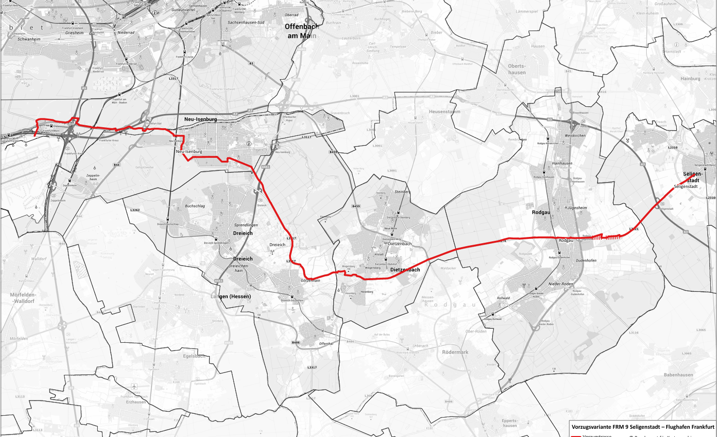 Übersichtskarte mit der rot markierten FRM9-Vorzugstrasse von Seligenstadt über Rodgau, Dietzenbach, Dreieich und Neu-Isenburg zum Flughafen Frankfurt; Schraffur kennzeichnet eine langfristige Variante.