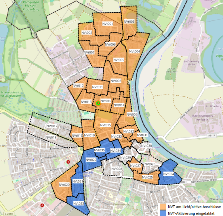Karte der Westconnect-Ausbaugebiete für Glasfaser in Seligenstadt Nord und Mitte