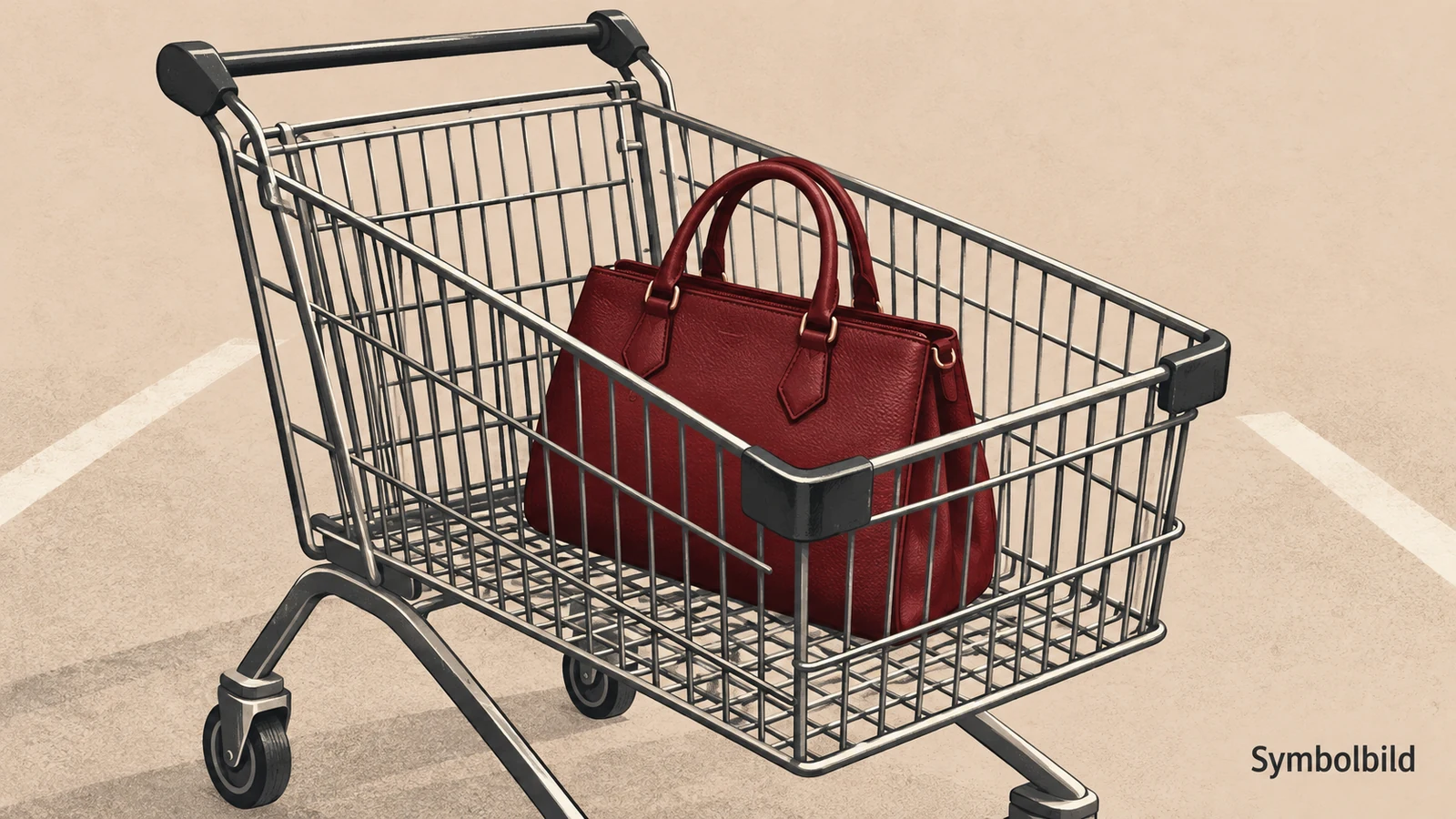 Editorial-Illustration einer dunkelroten Handtasche im Drahtkorb eines Einkaufswagens.