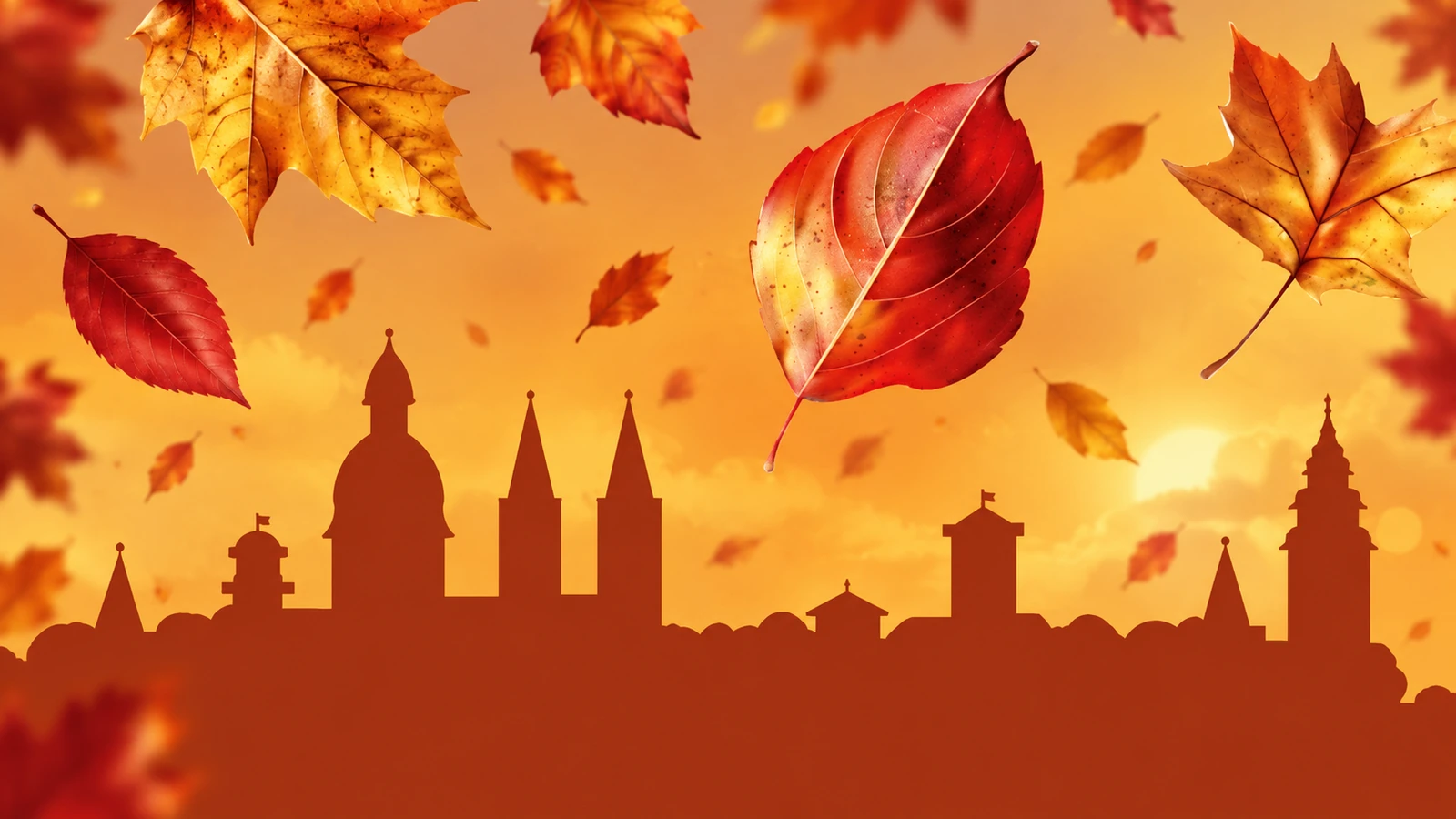 Rote und goldgelbe Herbstblätter über einer rostorangefarbenen Stadtsilhouette vor warmem orangefarbenem Hintergrund.