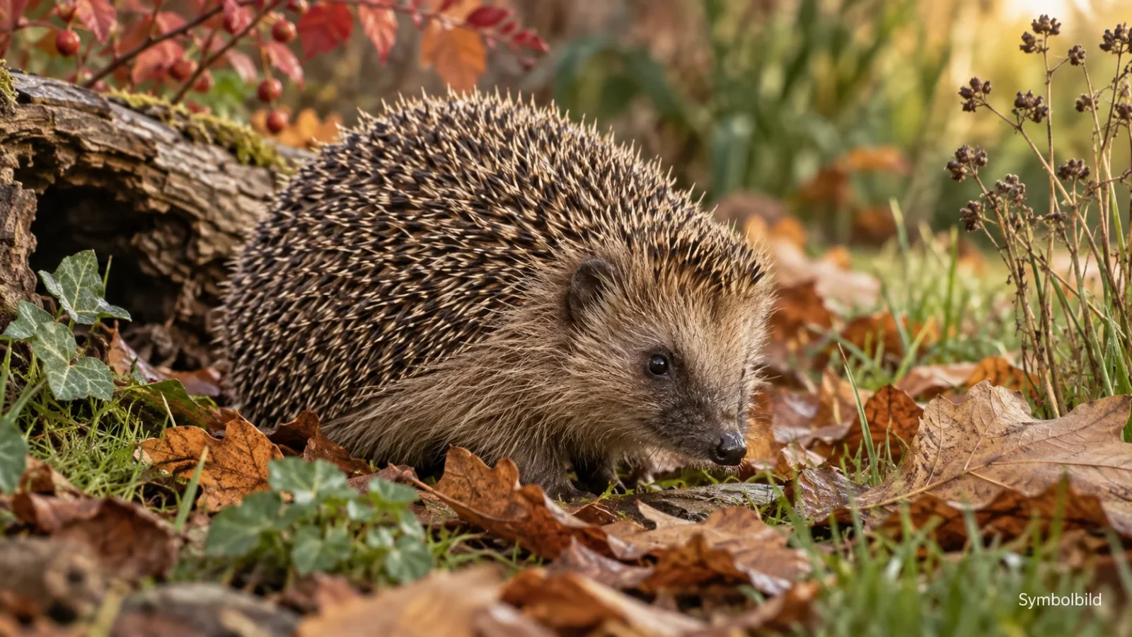 Braunbrustigel zwischen Herbstlaub, Gras und Totholz in einem naturnahen Garten.