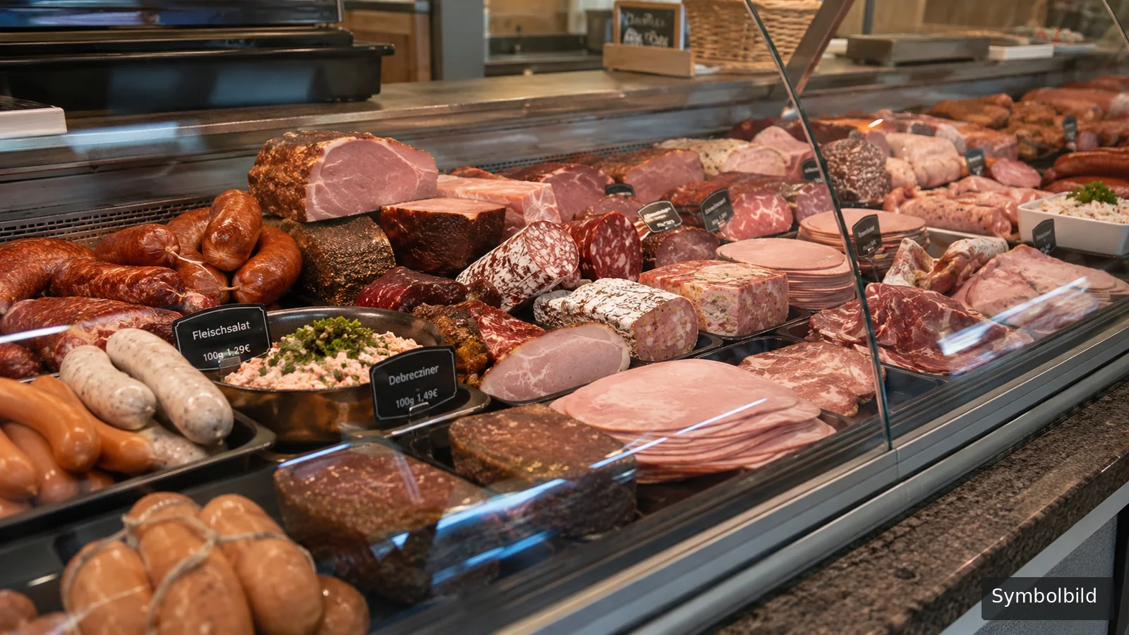 Reich bestückte Wurst- und Fleischtheke mit Würsten, Schinken und Aufschnitt hinter Glas.