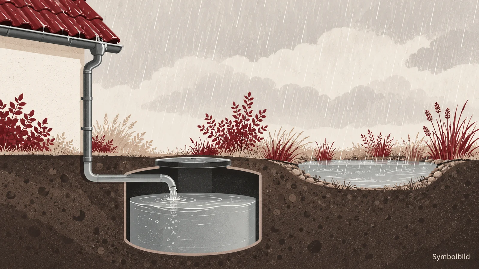 Illustration: Regenwasser fließt vom Dach durch ein Fallrohr in eine unterirdische Zisterne; daneben eine bepflanzte Versickerungsmulde.