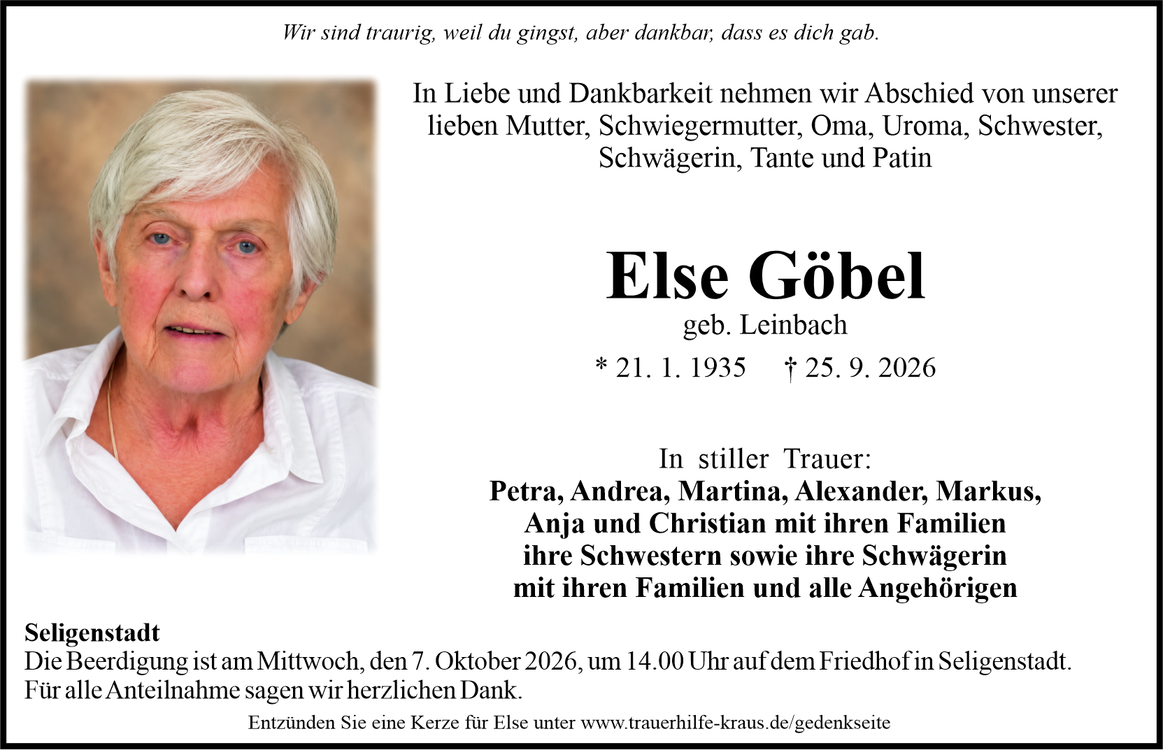 Traueranzeige für Else Göbel mit Porträt sowie Geburts- und Sterbedatum