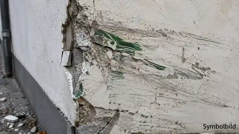 Beschädigte helle Hauswand mit grünen Lackspuren nach einem Fahrzeuganprall