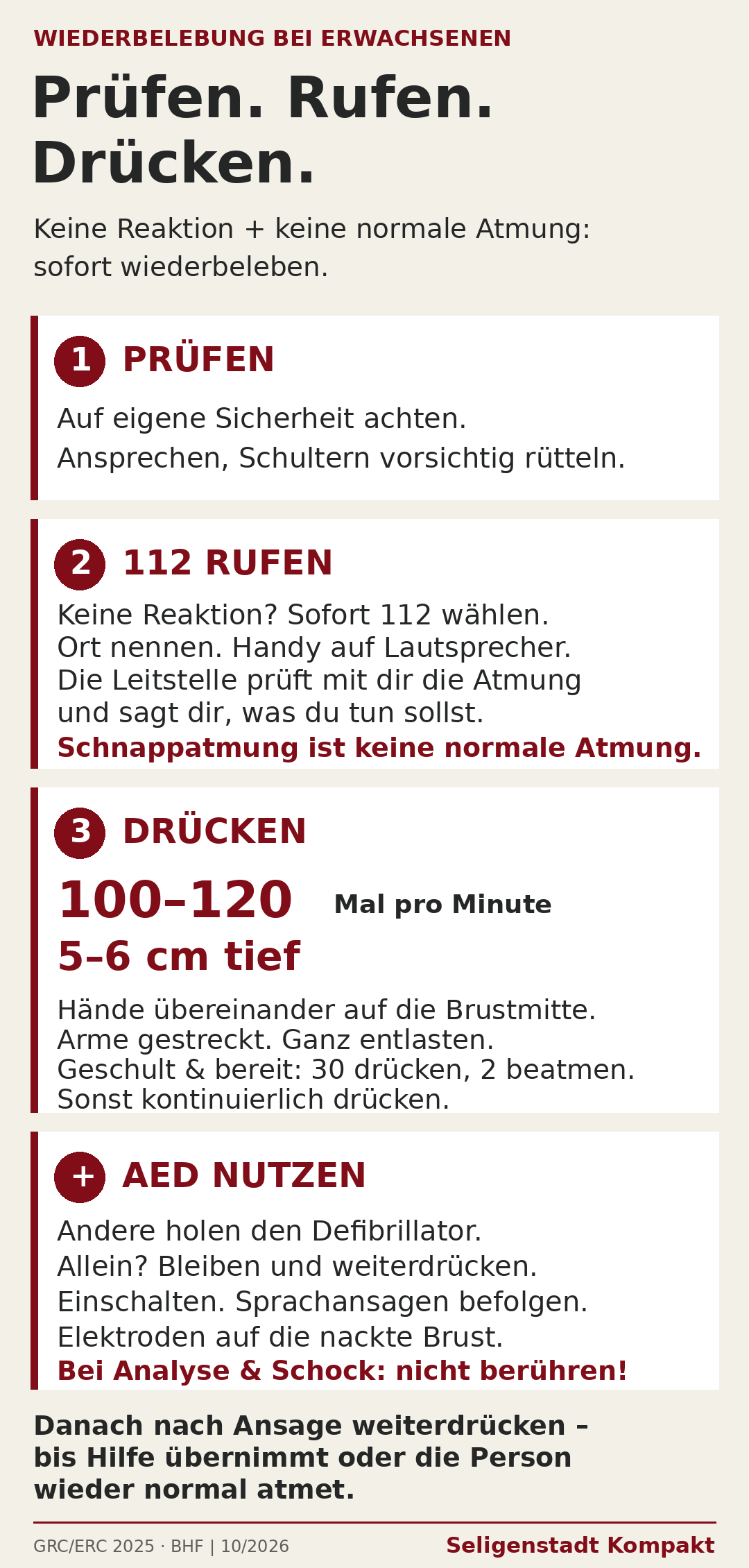 Prüfen, 112 rufen, drücken und AED einsetzen: Wiederbelebung bei Erwachsenen.