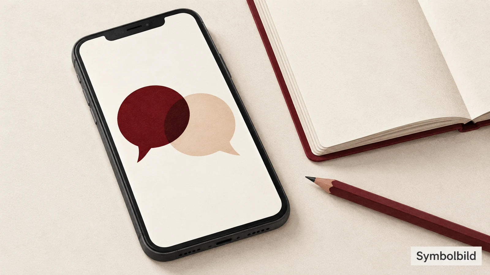 Illustration eines Smartphones mit zwei Sprechblasen auf dem Display neben einem offenen Notizbuch und einem Stift. Unten rechts steht „Symbolbild“.