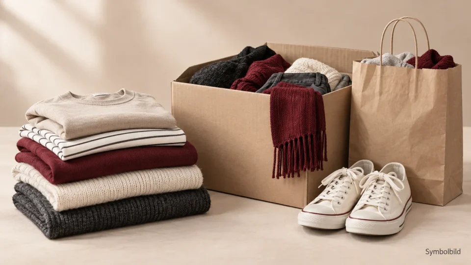 Gefaltete Pullover und Shirts neben einem Karton mit Kleidungsstücken, einer Papiertüte und einem Paar heller Schuhe.