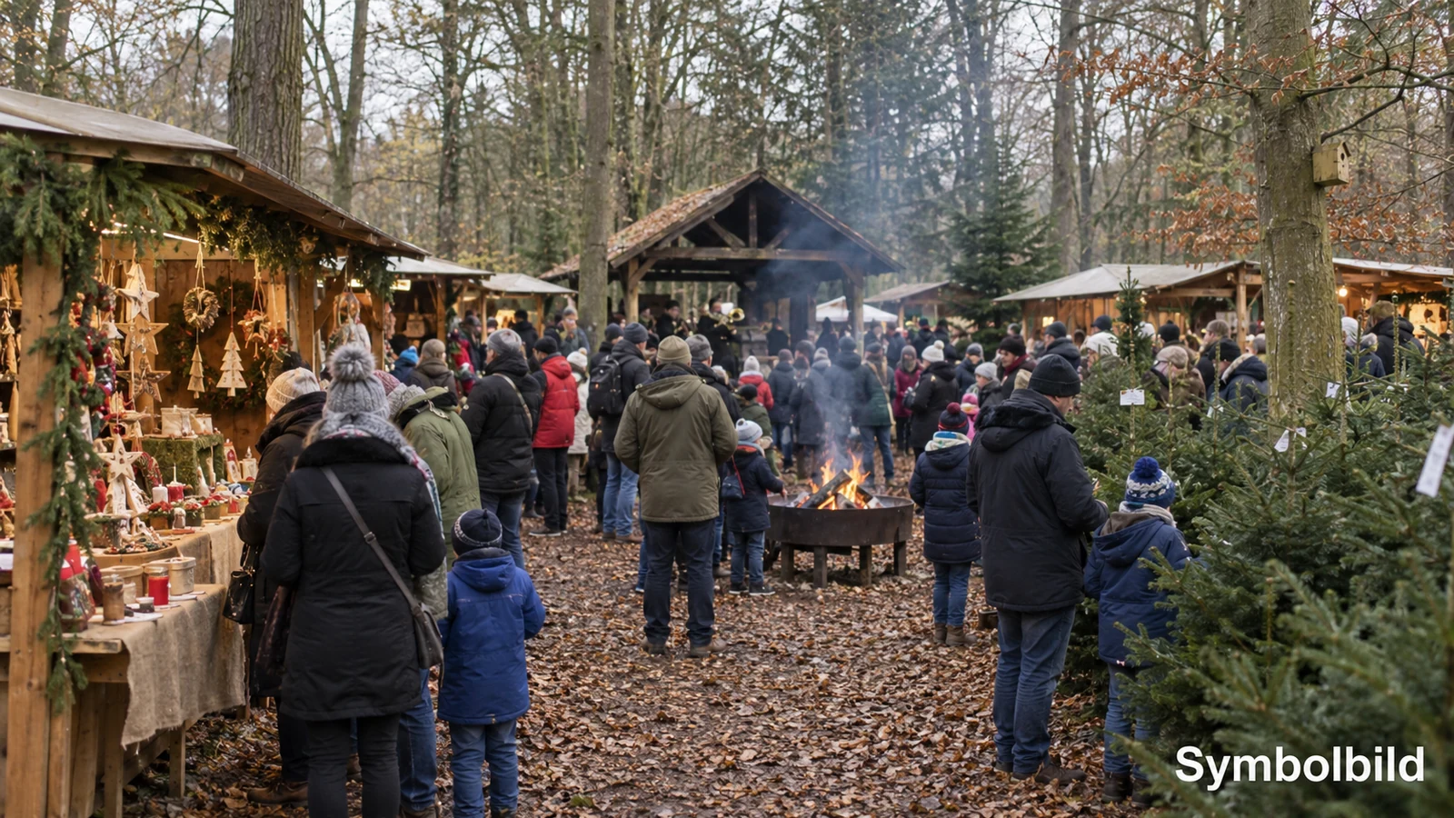 Symbolbild einer Waldweihnacht mit einfachen Verkaufshütten, Besuchern, Feuerstelle und Tannenbäumen im Wald